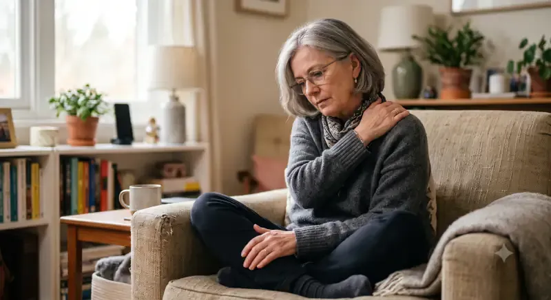 Seated older woman holding her shoulder, expressing physical discomfort.