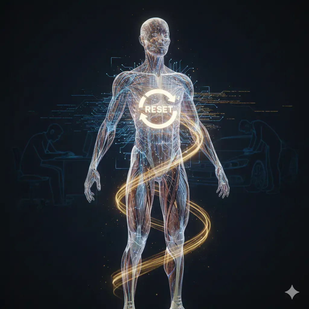 Massage promoting image depicting the idea of a body reset therapy process.