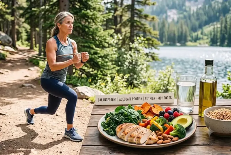Woman performing resistance training alongside a nutrient-dense meal.