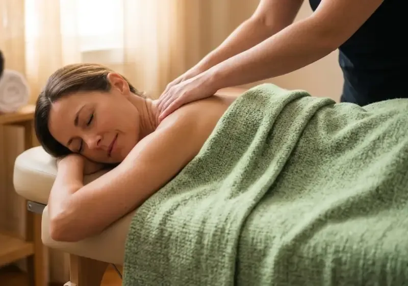 Woman lying prone receiving a therapeutic shoulder massage.