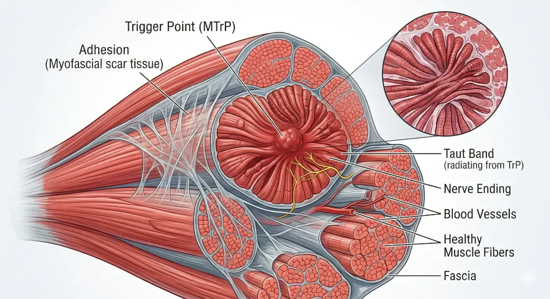 A medical illustration showing a cross-section of muscle tissue with a myofascial trigger point, taut bands, and nerve endings.