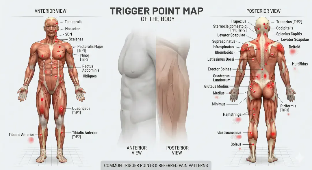 A full-body diagram showing anterior and posterior views of the human muscular system with red dots indicating common trigger points.