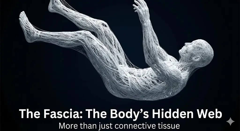 Graphic depicting a body made of only fascia falling through space.